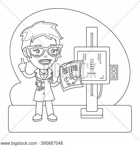 An X-ray Operator Examines A Skeleton Image In His Office. Coloring Book Page With Profession Charac
