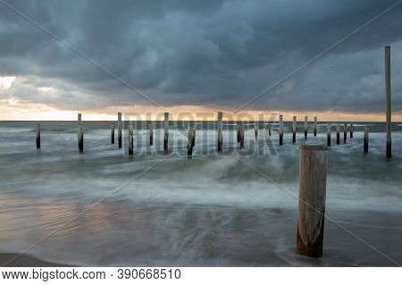 Long Exposure Photography, Taken At The North Sea In Petten With The Pole Village In The Sea, Taken 