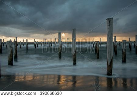 Long Exposure Photography, Taken At The North Sea In Petten With The Pole Village In The Sea, Taken 