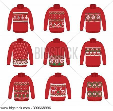 Vector Ugly Set Sweaters For Christmas Party. Knitted Jumpers With Winter Patterns