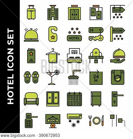 Hotel Icon Set Include Suitcase, Hotel, Elevator, Bell, Door Hanger, Hotel Rating, Key Hotel, Room, 