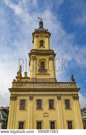 Beautiful Old Buchach City Hall, Joint Work Of Architect Bernard Meretyn And Sculptor Johann Georg P
