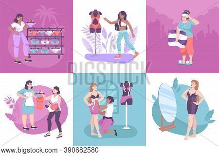 Underwear Composition Set Flat Icon Set Girls Try On Underwear Choose The Size Taking Body Measureme