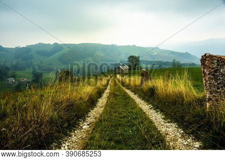 Country Road With Tall Yellow Grass Leads To A Typical Stone Church In The Monti Lessini Regional Pa