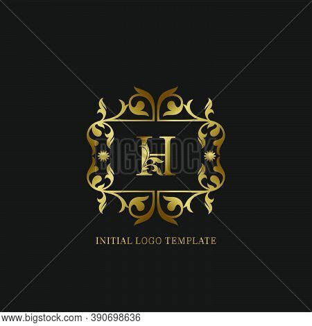 Golden H Initial Logo. Frame Emblem Ampersand Deco Ornament Monogram Luxury Logo Template For Weddin