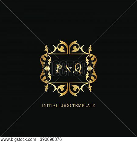 Golden Pq Initial Logo. Frame Emblem Ampersand Deco Ornament Monogram Luxury Logo Template For Weddi