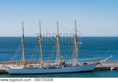 Valparaiso, Chile - December 8, 2008: Closeup Of White Tall Traditional Sailing Ship With 4 Masts Do