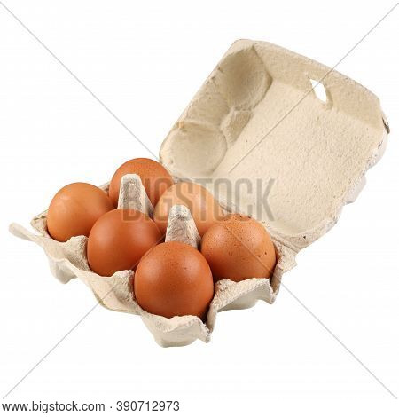 Packing, Box Of Brown, Beige Eggs Isolated On White Background. Top View, 6 Pieces.