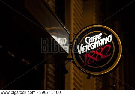 Belgrade, Serbia - February 1, 2020:  Caffe Vergnano Logo In Front Of One Of Their Retailer Cafe In 