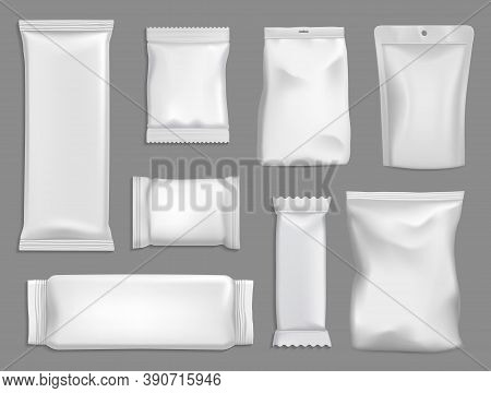 Snack Packages Vector Mockup, Sachet Or Pouch Bags Isolated 3d Template. Foil, Plastic Or Paper Whit