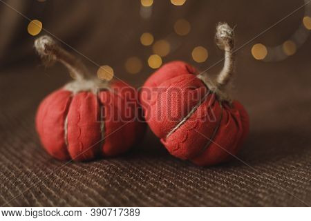 Handemade Cozy Fabric Pumpkins For Autumn Decoration. Home Autumn Decor. Thanksgiving And Halloween 