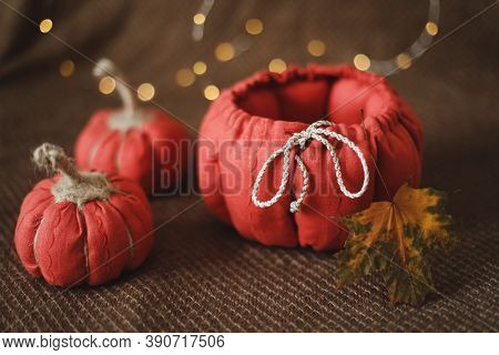 Handemade Cozy Fabric Pumpkins For Autumn Decoration. Home Autumn Decor. Thanksgiving And Halloween 