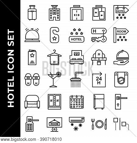 Hotel Icon Set Include Suitcase, Hotel, Elevator, Bell, Door Hanger, Hotel Rating, Key Hotel, Room, 