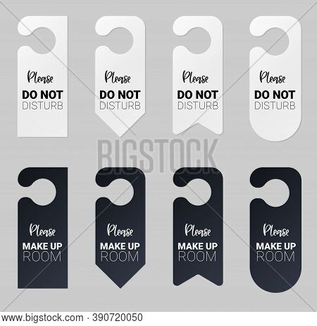 Door Hangers For Hotel Room. Set Of White And Black Label Hanger With Text For Hotel Or Resort. Temp