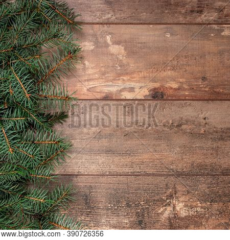 Rustic Christmas Background With Fir Branches. Christmas Background With Fir Tree And Decor. Top Vie