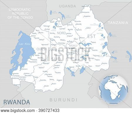Blue-gray Detailed Map Of Rwanda Administrative Divisions And Location On The Globe.