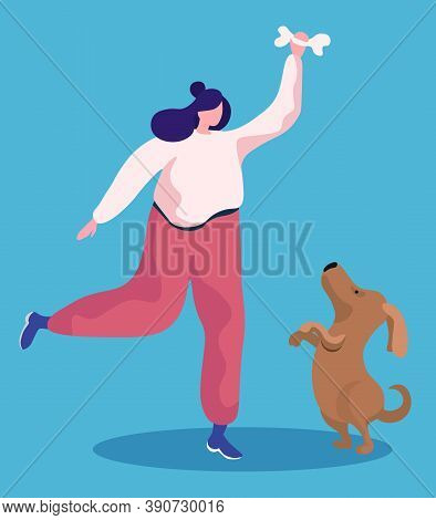 Woman Playing Games With Her Little Dog. Owner Spend Leisure Time With Cute Puppy, Happiness. Friend