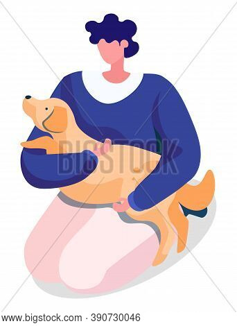 Woman Hold And Hug Her Dog. Puppy Lying On Owner Knees And Relaxing. Lady Spend Leisure Time With Cu