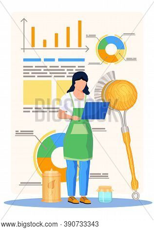 A Woman With A Laptop In Her Hands Is Standing And Analyzing The State Of Bath Accessories. A Scient
