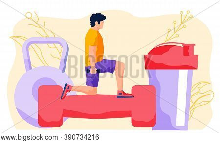 Strong Young Man Dressed In Sportswear Doing Fitness Squat Down With Dumbbells, The Athlete Keeps Hi