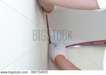 Laser Level On The Ceiling.blue Laser Level Tool. Installing Of Stretch Ceiling.