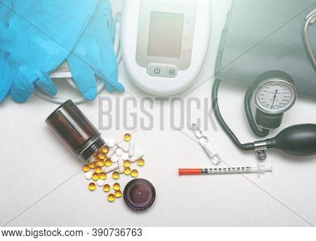 Different Medical Objects On White Background. Health Care. Top View.