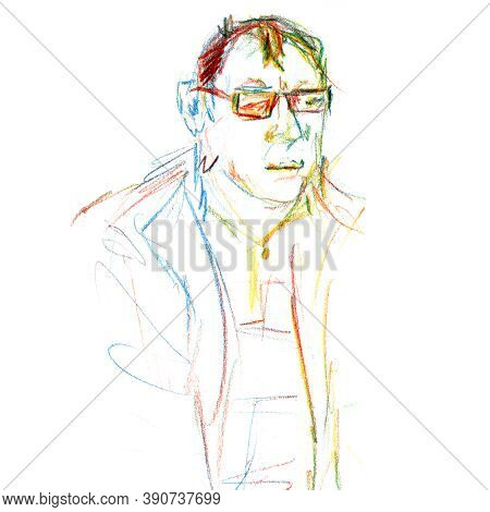 Quick Portrait Sketch Of A Fat Man With Glasses - Hand Drawn Illustration With Colored Pencils