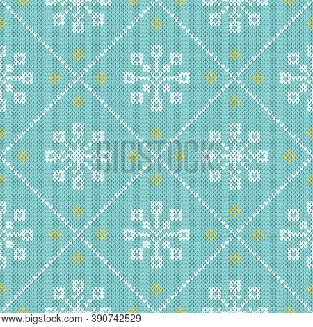 Christmas sweater seamless pattern with snowflakes. Knitted Fair Isle style winter diamond pattern with white snowflakes and diagonal lines on a blue background.