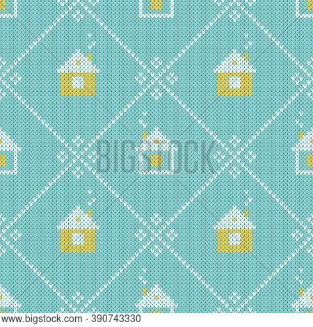 Christmas sweater pattern with rhombuses and winter houses. Seamless winter pattern with little white and yellow houses on blue background. Knitted background with linear diamond pattern.