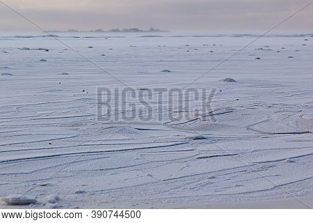 Winter Minimalistic Landscape With Frozen Coast And Horisont In Pastel Pink And Blue Color With Line