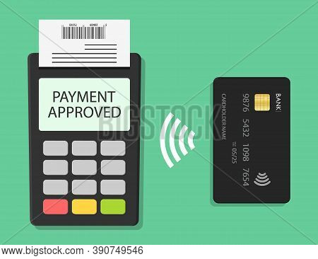 Payment Card With Contactless Terminal. Tap On Pos For Pay. Nfc Machine For Wireless Transaction. Pa