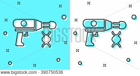 Black Line Transfer Liquid Gun In Biological Laborator Icon Isolated On Green And White Background. 