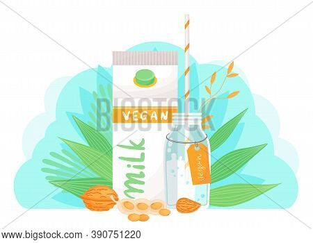 Plant-based Vegan Almond Milk. Healthy Cow Alternative To Lactose Milk, An Environmentally Friendly 