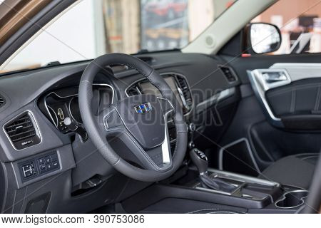 Russia, Izhevsk - August 14, 2020: Geely Showroom. Interior Of New Modern Geely Emgrand X7 Car.