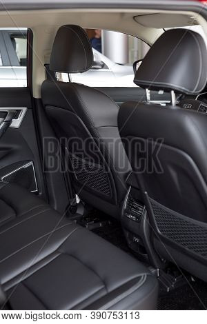 Russia, Izhevsk - August 14, 2020: Geely Showroom. Interior Of New Modern Atlas Car. Black Leather P