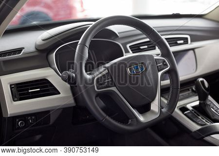 Russia, Izhevsk - August 14, 2020: Geely Showroom. Interior Of New Modern Car Geely Atlas In Dealer 