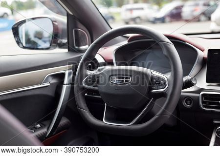 Russia, Izhevsk - August 14, 2020: Geely Showroom. Steering Wheel And Interior Of New Modern Coolray