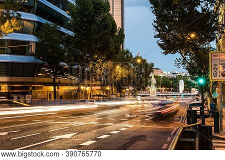Madrid, Spain - 26 September 2020: Long Exposure Of Genova Street With Traffic Light Trails