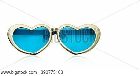 Front View Gold And Blue Heart Shaped Fancy Glasses On White Background,object,copy Space