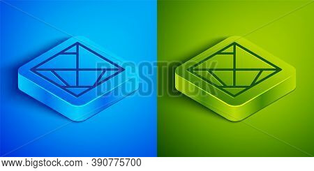 Isometric Line Rubik Cube Icon Isolated On Blue And Green Background. Mechanical Puzzle Toy. Rubiks 