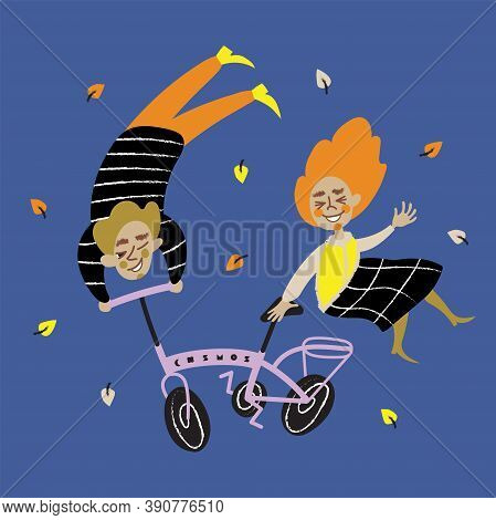 Cartoon Illustration Of Children Riding A Bike In Autumn