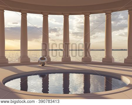 Swimming pool in hall with columns and sea views, conceptual art, 3D illustration, rendering.