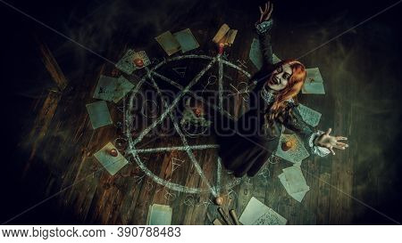 A portrait of a scary witch in the wooden house. Magic, dark force, spell. 