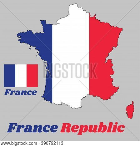 Map Outline And Flag Of France, It Is A Vertical Tricolor Of Blue, White, And Red, With Name Text Fr