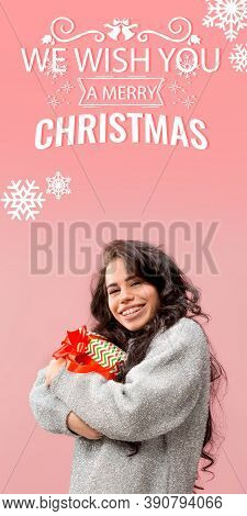 Beautiful Delighted Girl With Gifts Greeting With New Year 2021 And Christmas. Caucasian Woman With 