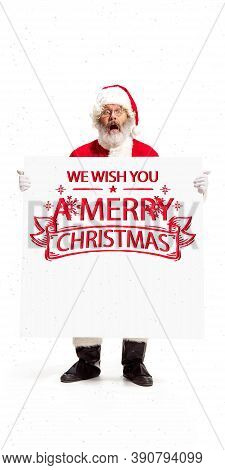 Emotional Santa Claus Greeting With New Year 2021 And Christmas. Caucasian Man In Traditional Costum