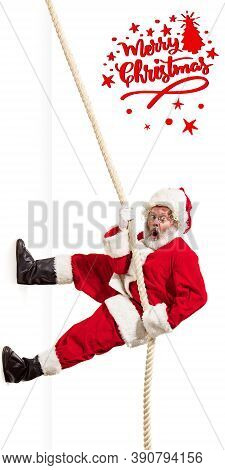 Emotional Santa Claus Greeting With New Year 2021 And Christmas. Caucasian Man In Traditional Costum