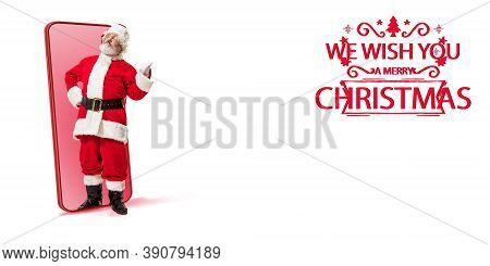 Emotional Santa Claus Greeting With New Year 2021 And Christmas. Caucasian Man In Traditional Costum
