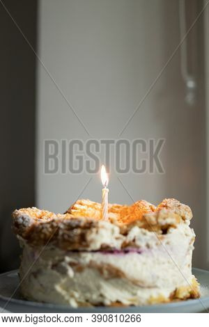 Polish Carpathian Mountain Cream Cake With Birthdate Candle . Homemade Karpatka.