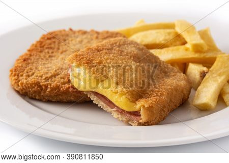 San Jacobo Steak Filled With Cheese And Ham Isolated On White Background